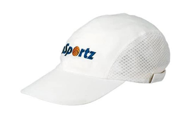 A white cap featuring mesh panels and a logo, designed for sports activities.