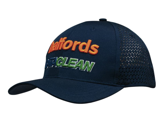 A navy cap with orange and green embroidered text, featuring triangle perforations on the sides and a logo.