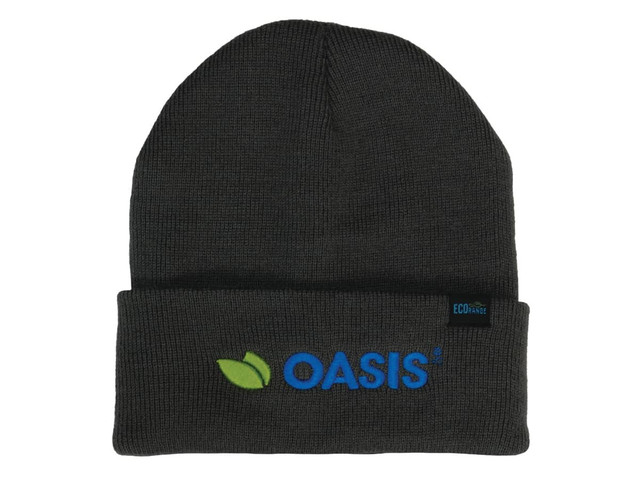 A recycled roll-up beanie in dark grey featuring a logo and green and blue accents.