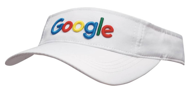 A white visor featuring a colourful logo on the front and an adjustable strap at the back.