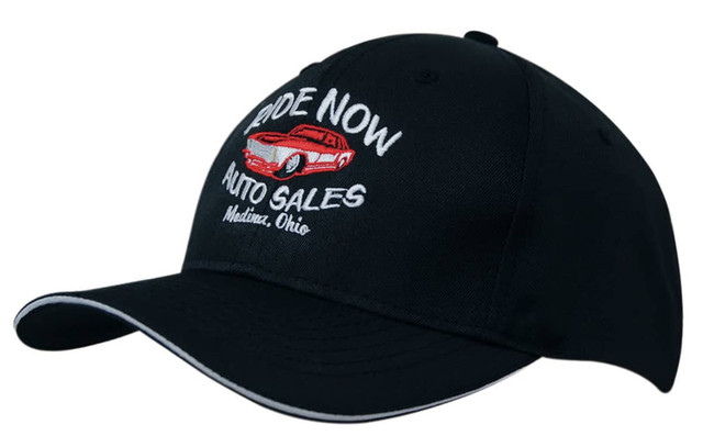 A black cap featuring white sandwich trim and embroidered graphics of a car and text related to auto sales.