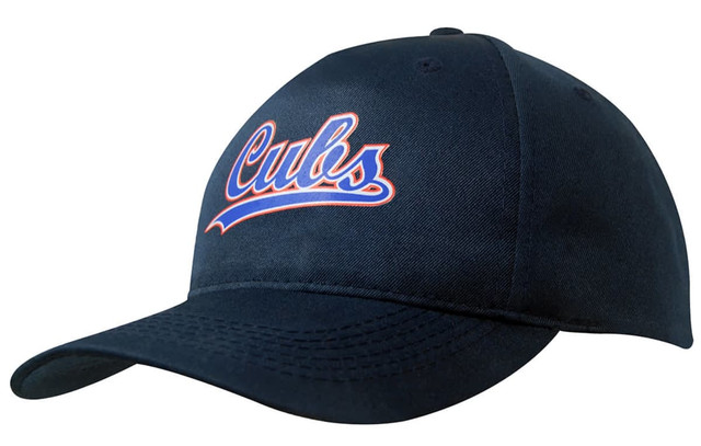 A navy breathable poly twill cap with an embroidered logo. Features a curved brim and adjustable strap.