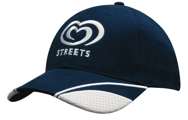 A navy cap with a logo and white mesh inserts on the peak, featuring contrasting white stitching.
