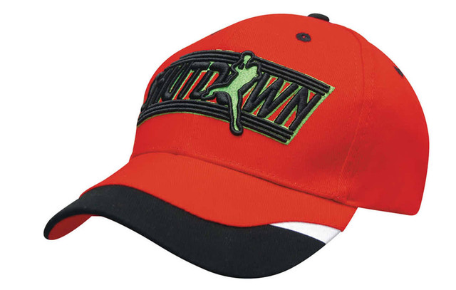 A red cap with a black peak, featuring a prominent embroidered logo on the front.