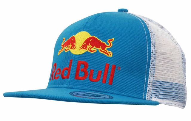 A blue cap with a mesh back and snapback style, featuring a logo and bold red lettering.