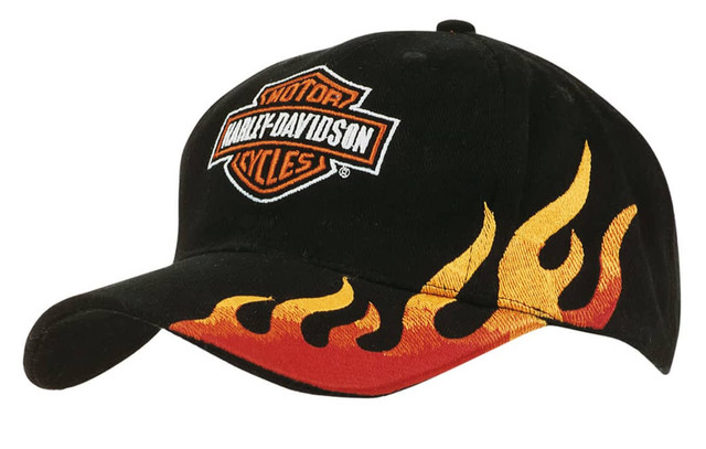 A black cap featuring flame embroidery in yellow and orange, along with a logo on the front.