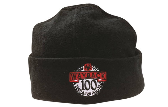 A black micro fleece beanie with an embroidered logo featuring red and white detailing.