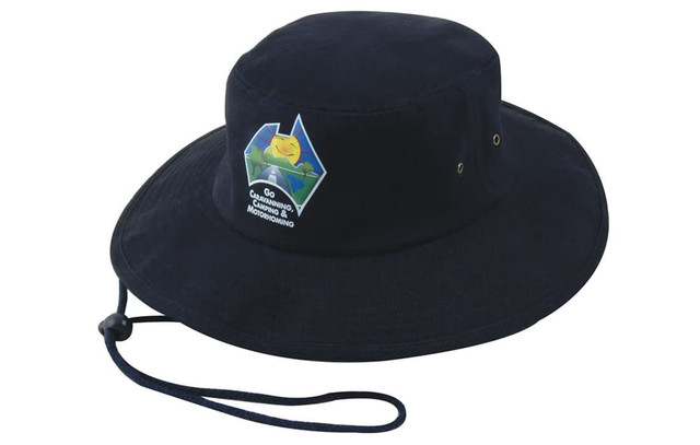 A navy blue brushed heavy sports twill hat with a logo and an adjustable chin strap.