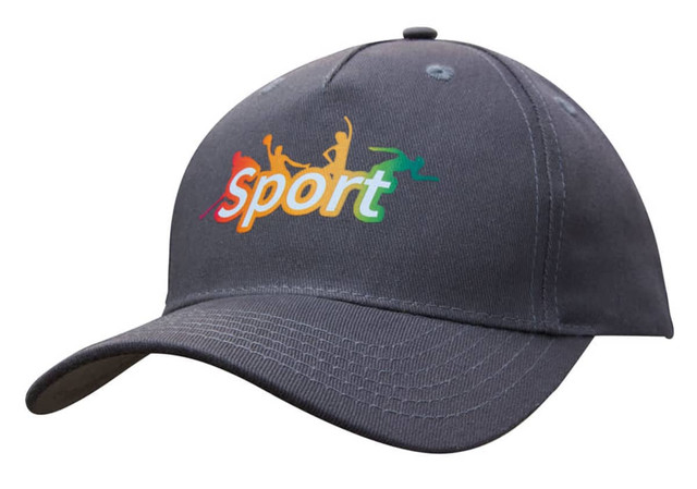 A grey cotton twill cap featuring a multicoloured logo with various sports figures.