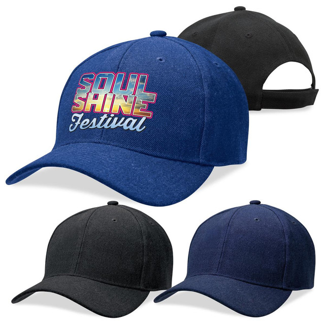Acrylic caps in black and navy, featuring a logo on the front. The navy cap has a solid design, while the black cap is partially open at the back.