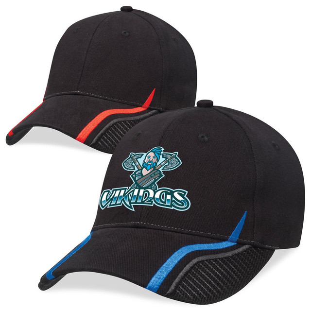 A black cap featuring a logo and coloured accents in red and blue on the sides.