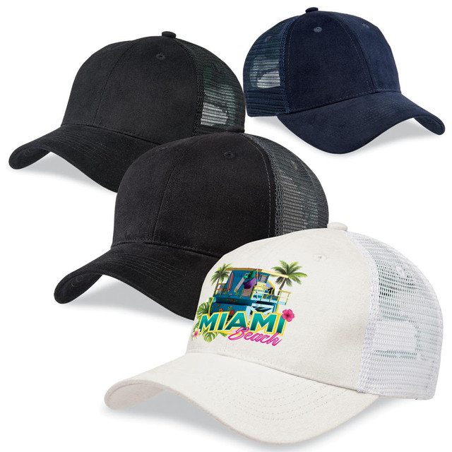 Premium soft mesh caps in black, navy, and white with a graphic design and logo on the front of the white cap.