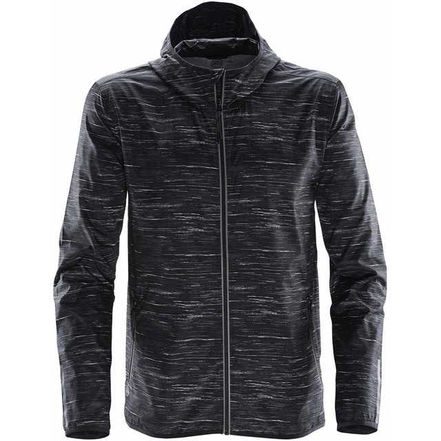 A lightweight black rain jacket with a textured pattern and a hood, featuring a logo on the front.
