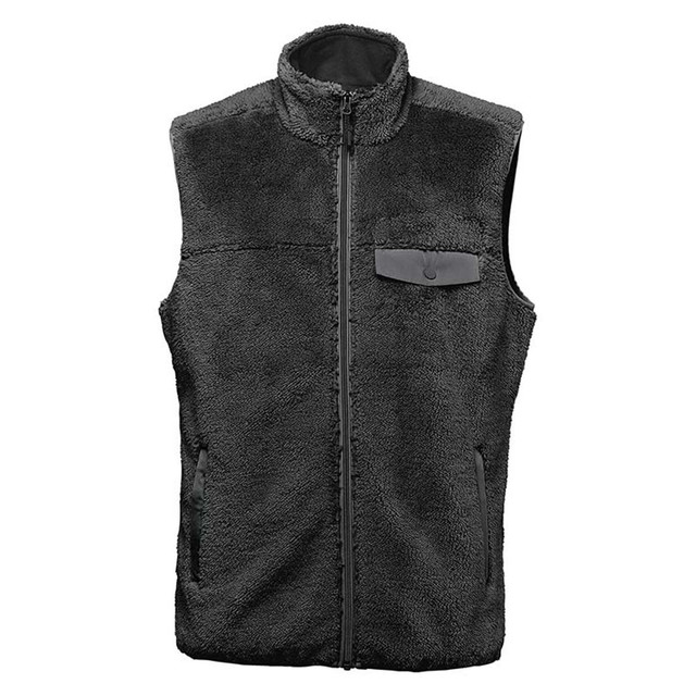 A grey men's Sherpa fleece vest featuring a zip front and side pockets, with a small logo on the chest.