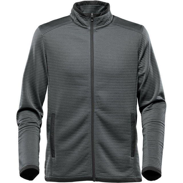 A green men's jacket with a zip front, high collar, and side pockets. It features a textured pattern and has a logo.