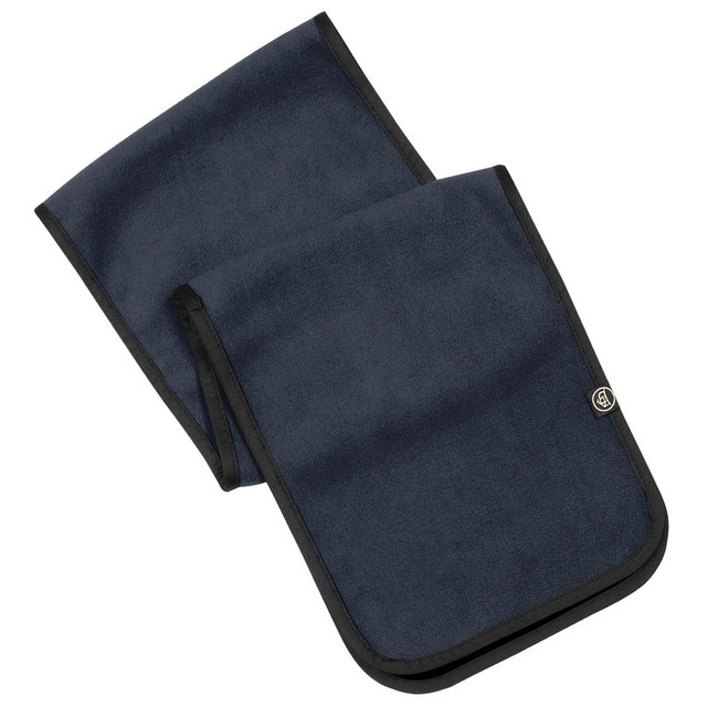 A dark blue fleece scarf with black edges, featuring a small logo.