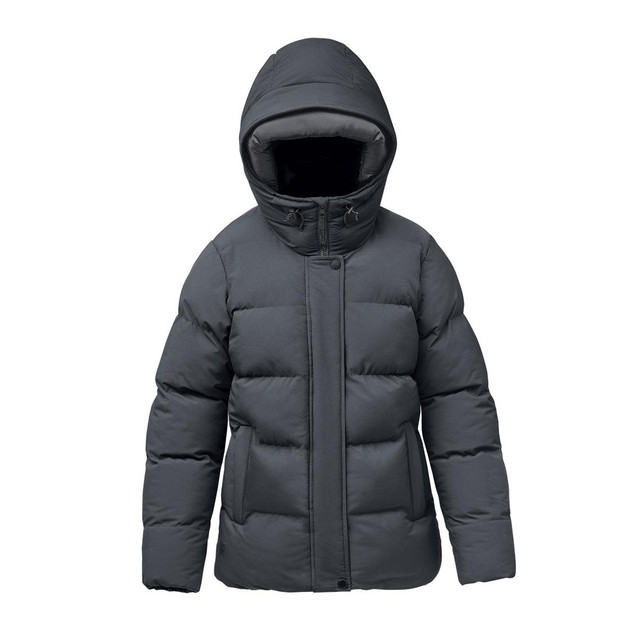 A women's thermal jacket in dark grey, featuring a hood and a puffy design, with a logo on the chest.