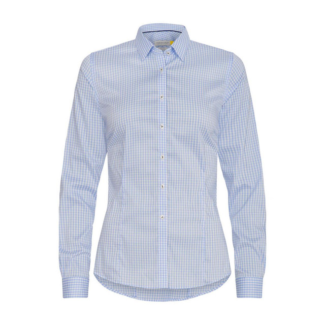 A women's button-up shirt in light blue with a checkered pattern and long sleeves. It features a logo on the chest.