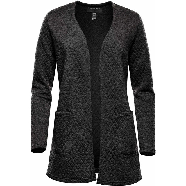 A Women's Chelsea Open Cardigan in a textured dark grey with pockets and a relaxed fit. Features a branding logo.