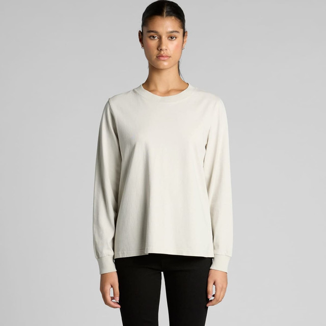 A long-sleeved, faded light grey T-shirt with a relaxed fit. Features long sleeves and a simple design.