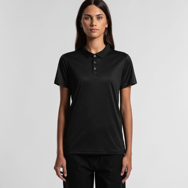 A black active work polo shirt with a collared neckline and button placket shown on a female model.