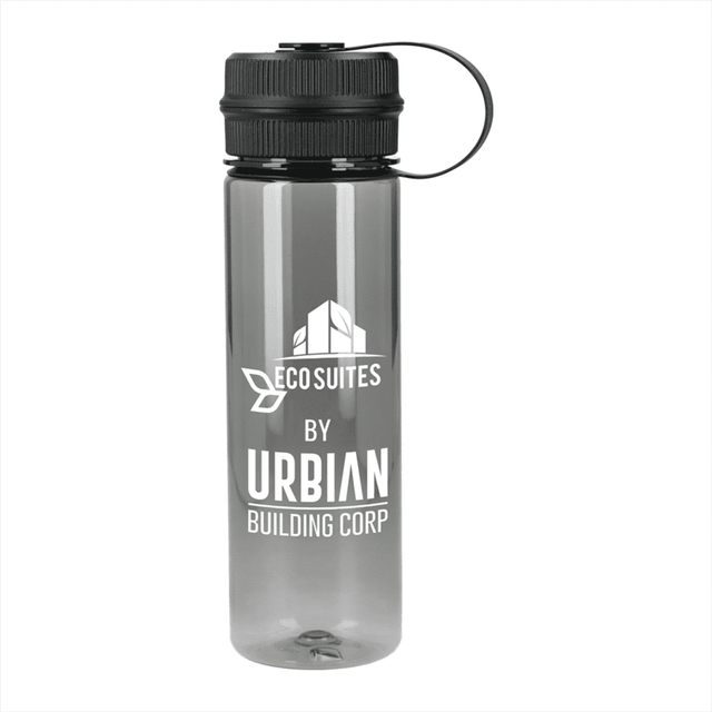 A drink bottle in clear grey with a black lid and a logo on the side. Features a carry loop.