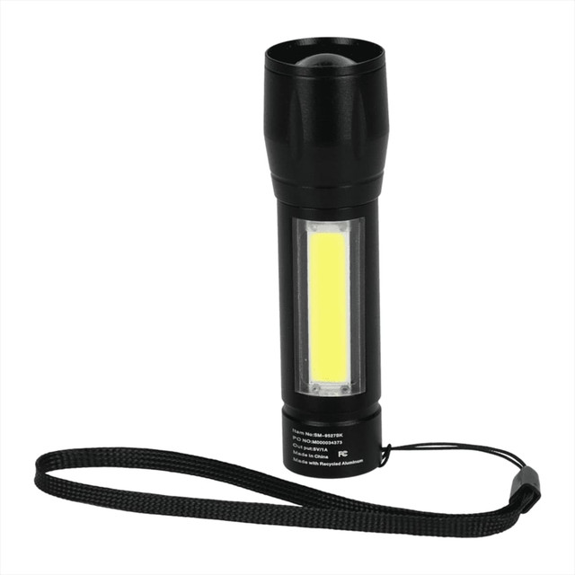 A mini rechargeable flashlight in black with a yellow light feature and a wrist strap for easy carrying.
