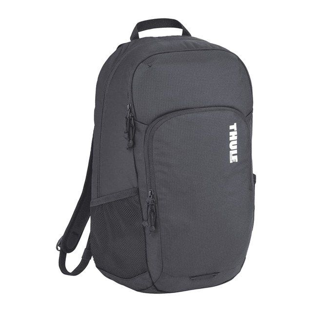A black Thule Achiever 15 laptop backpack with zippered compartments and a mesh side pocket. Features a logo.