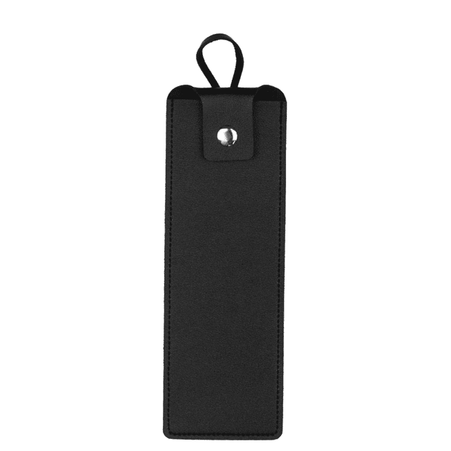 A black PU leather bag designed for cable tidying, featuring a loop for hanging and a snap closure.