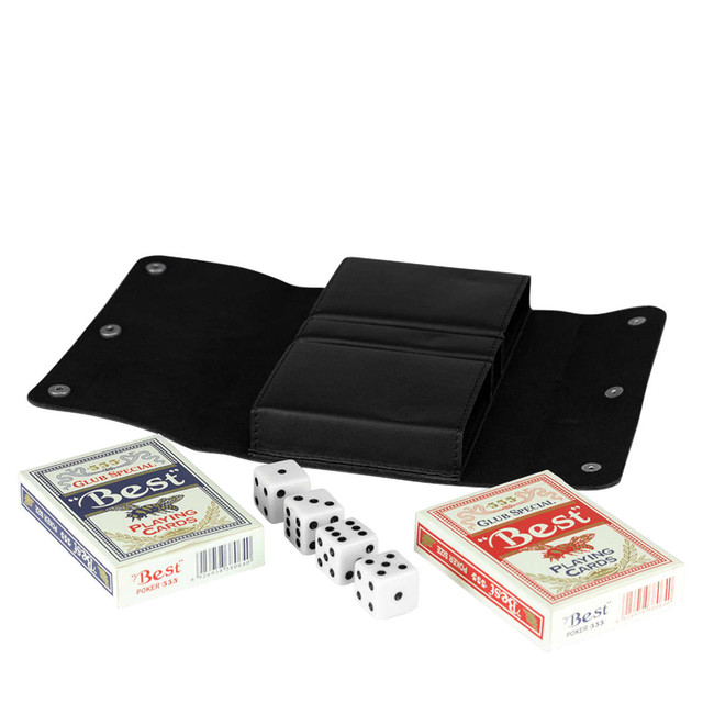 A black leather cover containing two decks of playing cards and five white dice.
