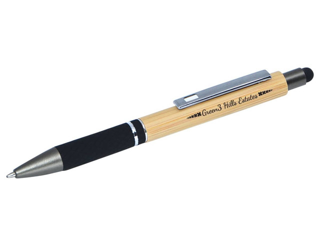 A bamboo stylus pen featuring a black grip and silver accents, complete with a branding logo.