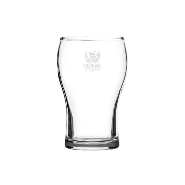 A clear glass beer glass with a curved shape and a logo at the top. Ideal for enjoying beverages.