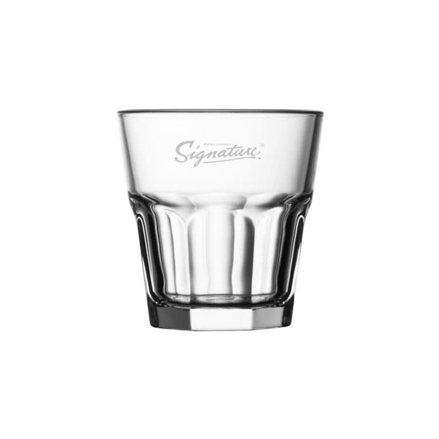 A whisky tumbler made of clear glass, featuring a ridged design and a logo on the side.