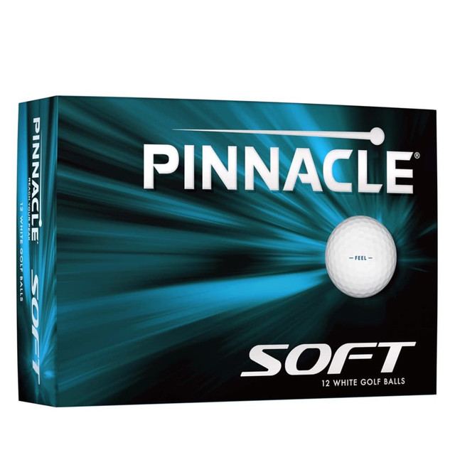 A boxed set of 12 white golf balls named "Pinnacle Soft," featuring a logo on the packaging.