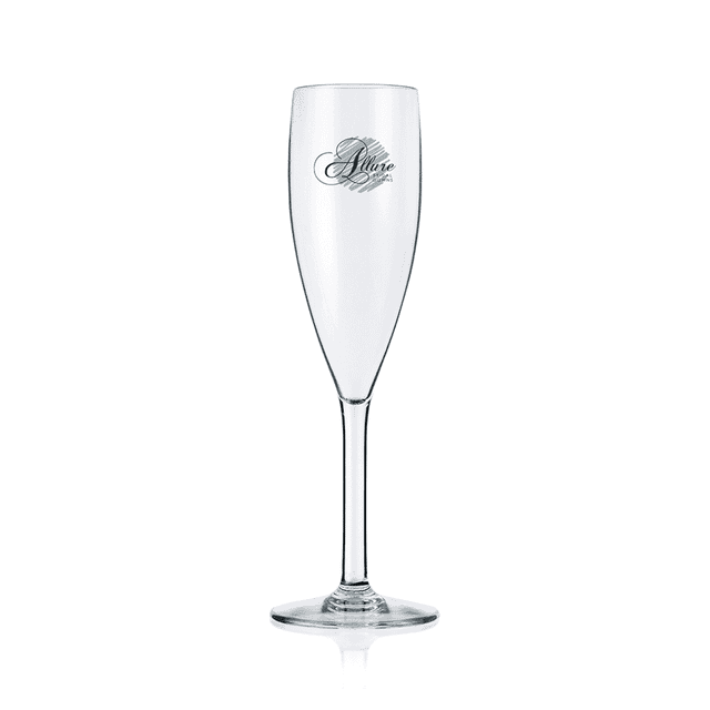 A drink bottle featuring a clear plastic flute design with a logo on its side.