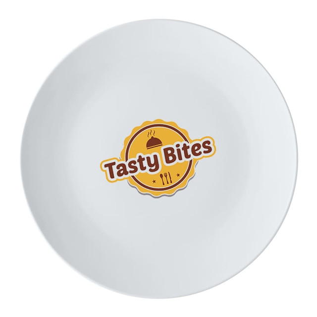 A white coupe side plate measuring 19cm, featuring a logo in the centre.