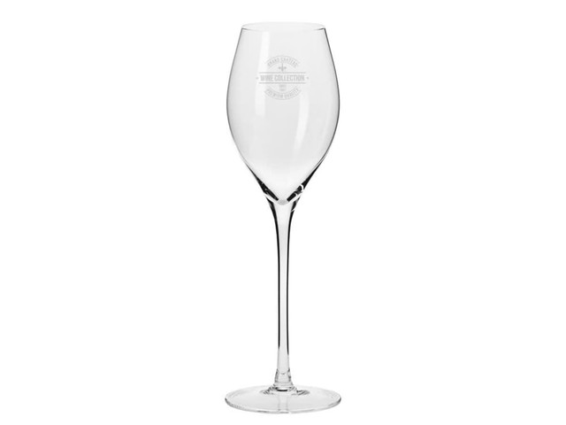 Elegant clear Prosecco glass with a slender stem, featuring a logo design. Ideal for serving sparkling drinks.