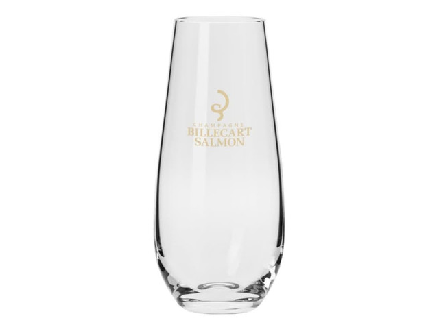 A clear glass stemless flute with a gold logo, designed for champagne. Features a sleek, modern shape.