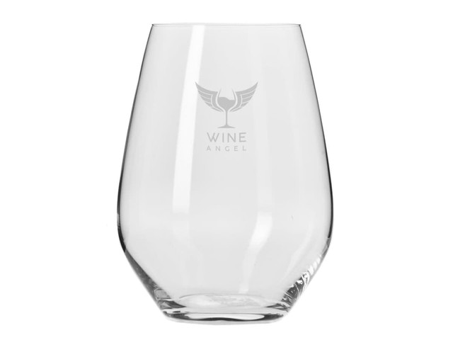 A stemless wine glass in clear glass featuring a logo, designed for a smooth drinking experience.