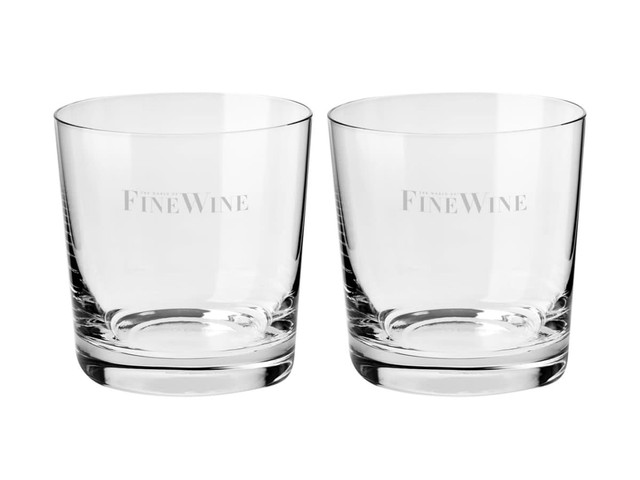 Two clear crystal whisky glasses, featuring an embossed logo, presented in a gift box.