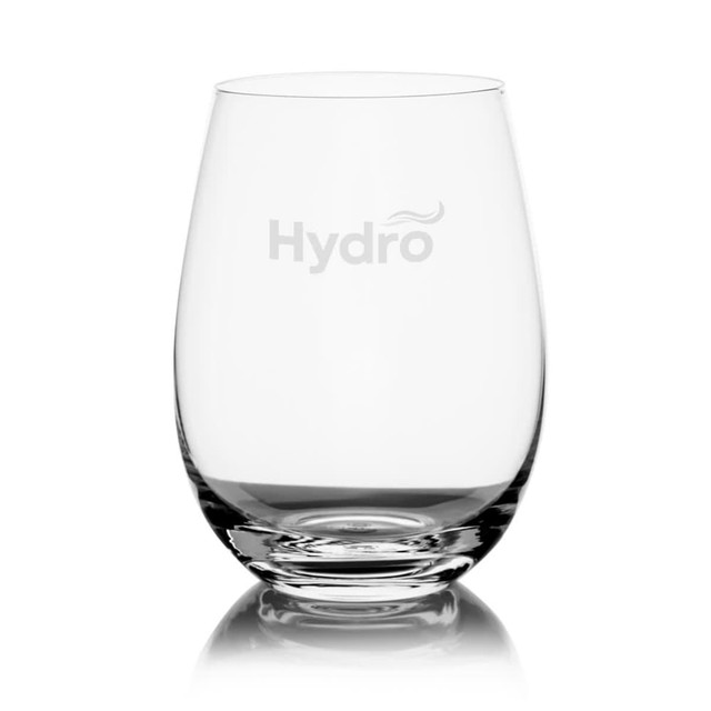 A stemless wine glass in clear glass with a smooth, curved shape and a branding logo.