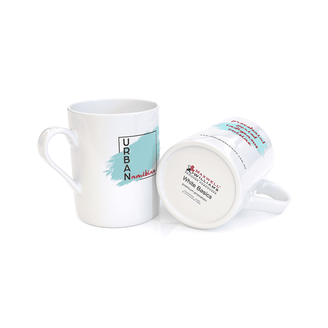 A white cylindrical mug with a handle, featuring a logo and a smooth finish.