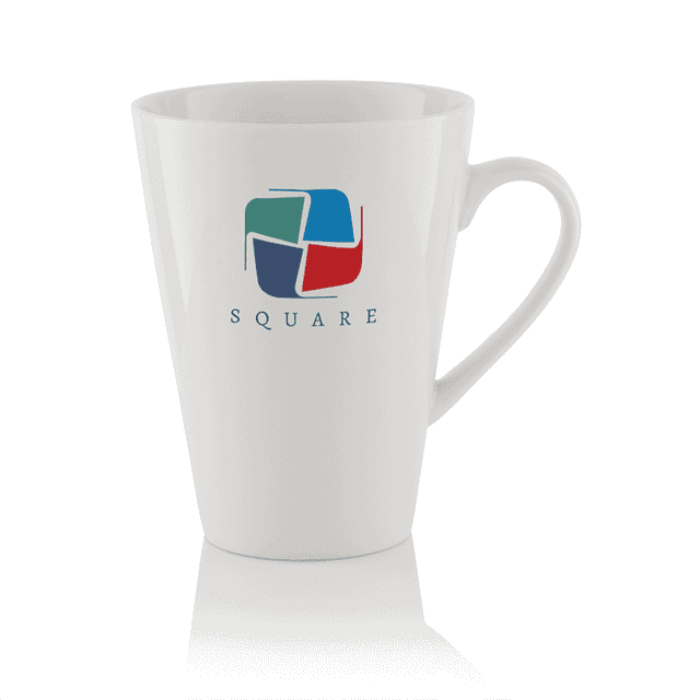 A tall white latte mug featuring a handle and a colourful logo. Ideal for coffee and hot beverages.