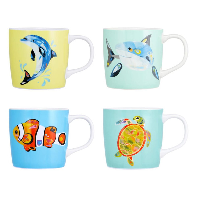 A set of four colourful coffee mugs featuring ocean-themed designs of dolphins, sharks, clownfish, and a turtle.