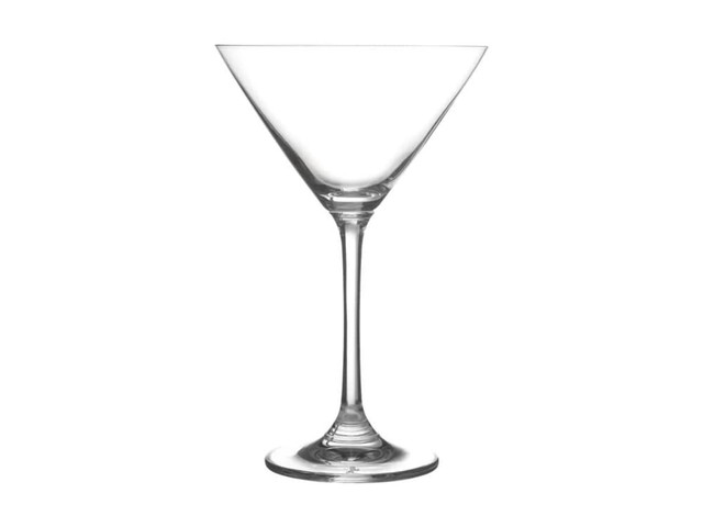 A set of six clear glass Manhattan martini glasses, elegantly designed with a tall stem and wide bowl.