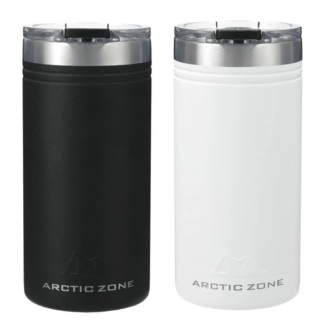 A drink bottle set featuring a black and a white Arctic Zone Titan Thermal HP Slim Cooler with a silver lid.