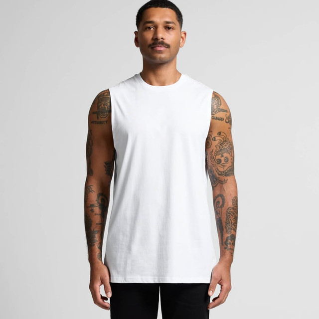A fitted white singlet tank top displayed on a model with tattoos, featuring a logo on the front.