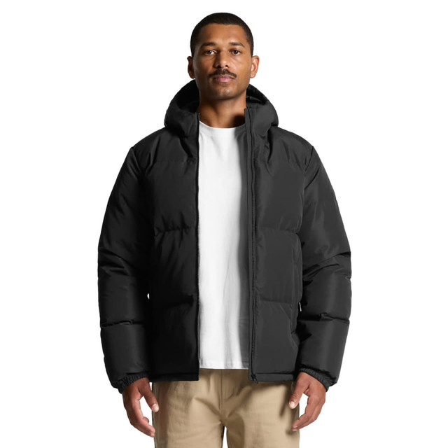 A black hooded puffer jacket is displayed on a model, featuring a zip front and elasticised cuffs. It has a logo.