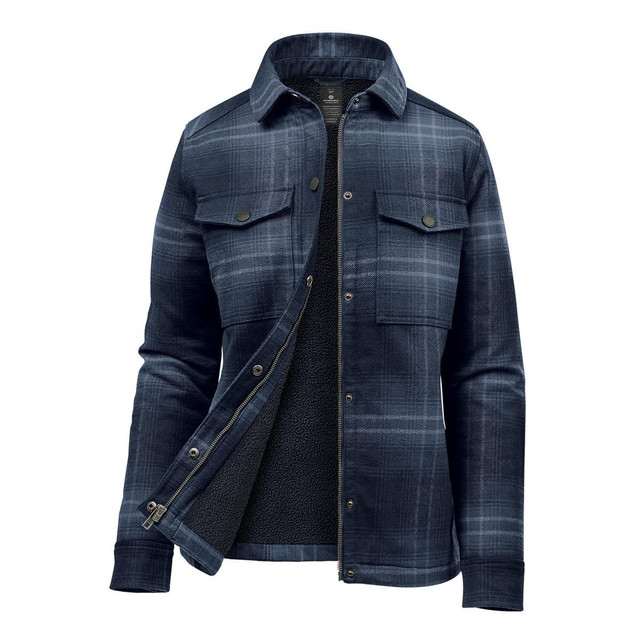 A women's plaid jacket in navy blue, featuring a Sherpa lining and two chest pockets. It has a branded logo.