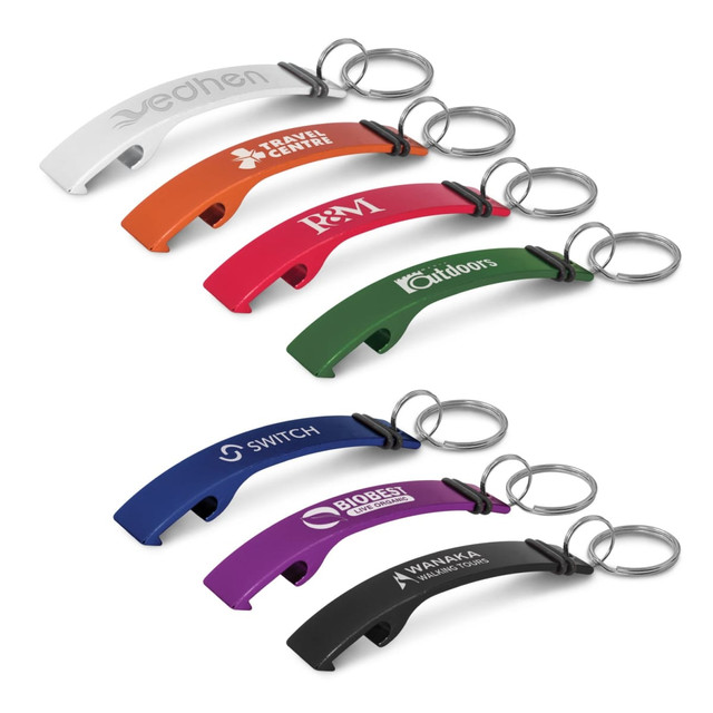 A drink bottle opener key ring in various colours, featuring multiple key rings and different logos.